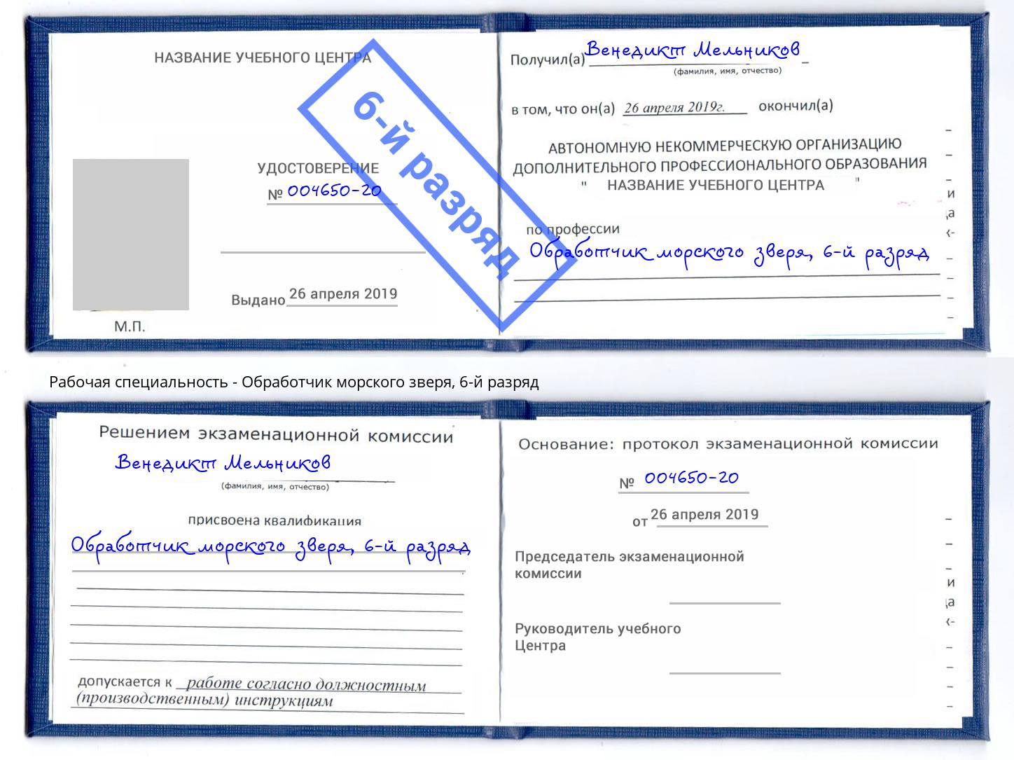 корочка 6-й разряд Обработчик морского зверя Улан-Удэ